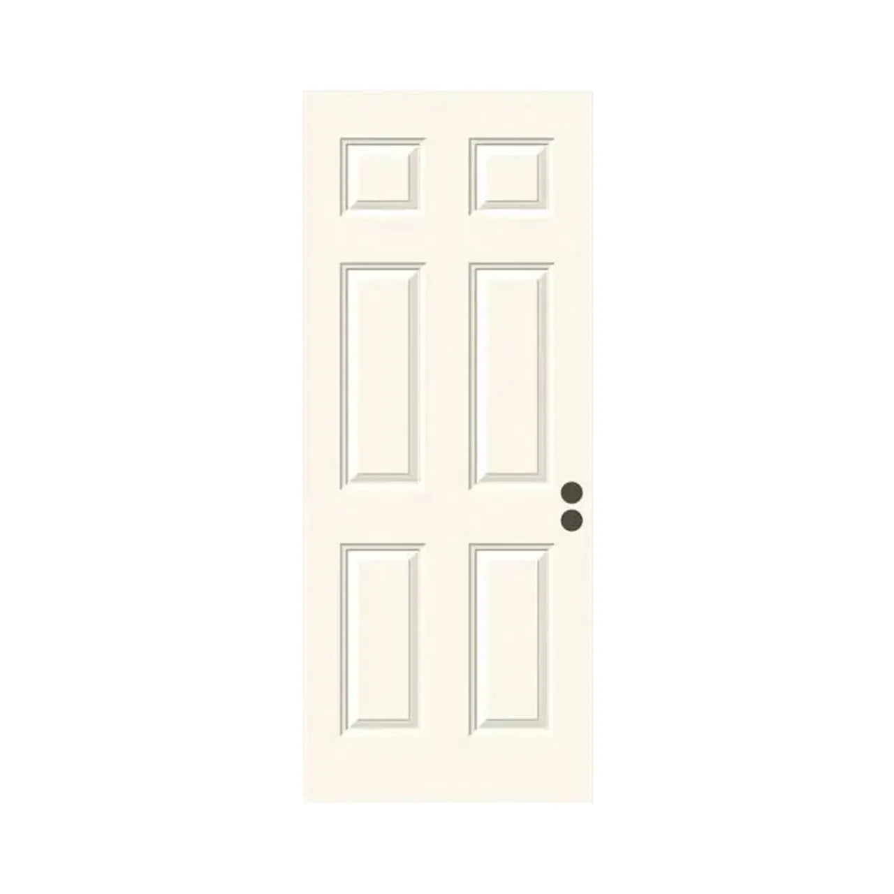 The Go Build 36 in. x 80 in. 6-Panel Primed Steel Front Door Slab features two round doorknob holes on the right and is shown against a plain white background.